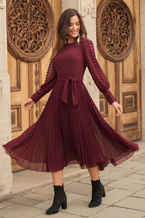 24 Winter Wedding Guest Dress Ideas To Inspire Your Look Ankle Boots Wedding Guest Outfit, December Wedding Outfit Guest, What To Wear To A Winter Wedding Guest, Christmas Outfit Ideas For Women Classy Holiday Parties, Burgundy Wedding Guest Dress, Wedding Guest Dress Fall, Long Winter Dresses, Gold Pleated Dress, Classy Holiday Party