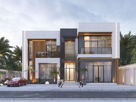 VILLA-57 on Behance Outdoor Gym Design, Attached Villas, Outdoor Curtain Ideas, House Number Design, Villa Facade Design, Modern Villa Exterior, Small House Design Philippines, House Facades, House Outer Design