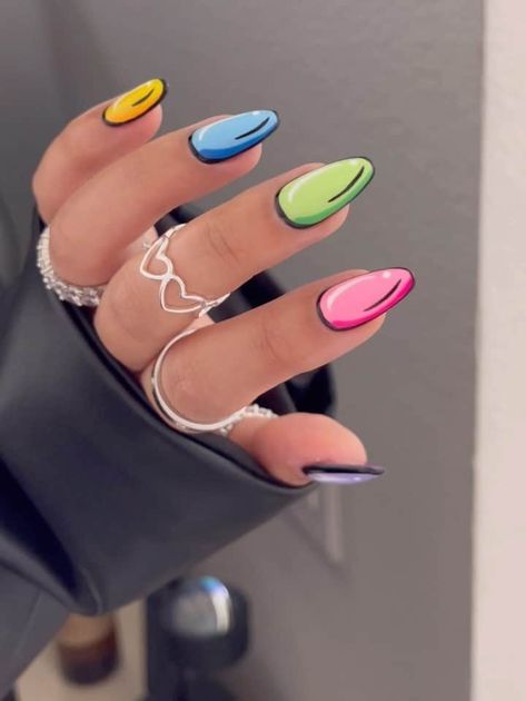 24 Cute Comic Book Nails Trend Everyone Is Obsessed Over Intermediate Nail Art, M&m Nails, Bonnaroo Nails, Nail Ideas Colorful, Comic Nail Art, Comic Book Nails, Colorful Manicure, Book Nail Art, Pop Art Nails