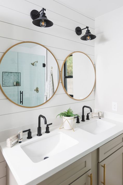 Modern farmhouse bathroom with Taupe cabinets, brass mirrors, black lighting, brass hardware and shiplap walls in bathroom  blissfuldesignstudio.com Taupe Bathroom Cabinets, Shiplap Bathroom Wall, Taupe Bathroom, Hardware Ideas, Shiplap Bathroom, Bathroom Accent Wall, Walk In Shower Designs, Bathroom Accents, Modern Bathroom Lighting