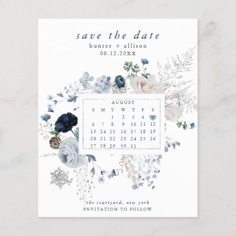 $1.1 | Calendar Save the Date | December - calendar, budget, floral, elegant botanical gold foil, save the date, photo, winter christmas december snow, fall blue cornflower powder, navy blue silver, minimalist elegant postcard Calendar Budget, December Snow, Save The Date Calendar, Foil Save The Dates, Fall Blue, Christmas December, Wedding Gifts Packaging, December Calendar, Date Photo