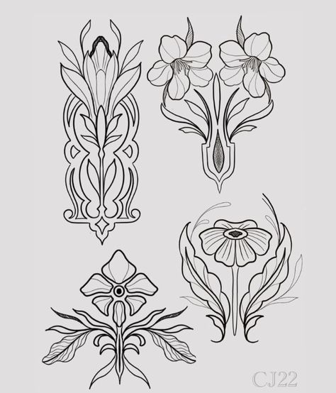 Ornamental Art Nouveau, Art Nouveau Tattoo Flash, Art Nouveau Reference, Art Nuevo Flowers, Art Nouveau Symbols, Art Neuvo Tattoos, Art Deco Ornamental Tattoo, Art Nouveau Shapes, Art Nuevo Tattoo