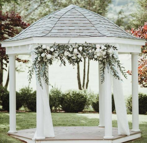 White Gazebo Wedding Flowers, Gazebo Florals Wedding, Gazebo Decor For Wedding, Gazebo Ideas Wedding Outdoor, Gazebo Garden Wedding, Decorating A Gazebo For A Wedding, Gazebo Floral Arrangements, Gazebo Wedding Decorations Simple, Gazebo Wedding Ceremony Decorations