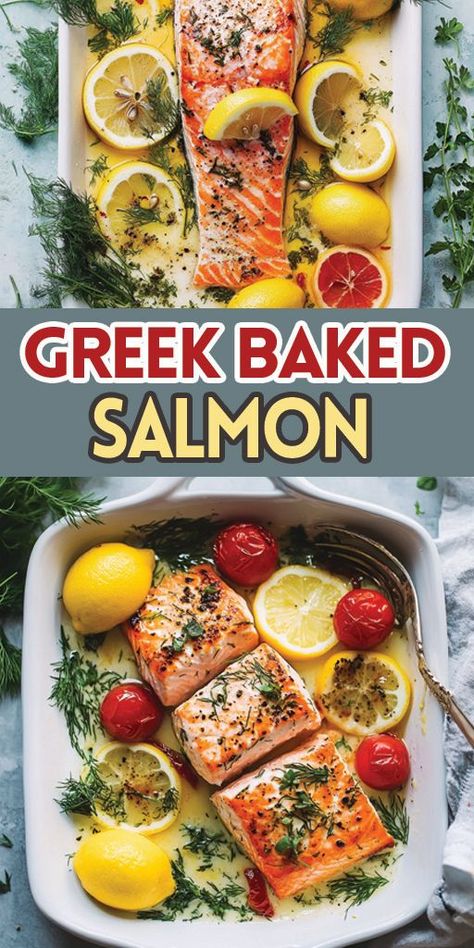 Greek Baked Salmon Ingredients: 4 salmon fillets (approx. 6 oz. each) 3 tablespoons olive oil Juice of 1 lemon 2 cloves garlic, minced 1 tablespoon fresh dill, chopped 1 teaspoon dried oregano (or Italian seasoning) 1 cup cherry tomatoes Salt and pepper to taste Feta cheese, crumbled Lemon slices for garnish #salmon #easyrecipes #camilarecipes Salmon Seasoning Baked, Greek Salmon Recipe, Lemon Dill Salmon, Baked Salmon Lemon, Salmon Meal Prep, Lemon Pepper Salmon, Med Diet, Lemon Dill, Salmon Seasoning