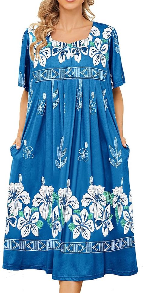 Womens Mumu Dresses with Pockets Moo Moos Mexican Dress Plus Size Snap Front Dusters Cotton Muumuu House Dress for Women (Light Green,X-Large) at Amazon Women’s Clothing store Hawaiian Muumuu, Lounge Dress, House Dress, Dress With Pockets, Dresses For Women, Patio, For Women, Patios