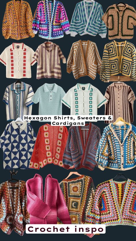 Hexagon Cardigans and Men’s Shirts have been trending lately. For a how-to, there’s plenty online to get you started. #crochet #hexagoncardigan #hexagoncrochet #outfitinspo #crochetinspo #collage Sweater And Cardigan, Crochet Men, Hippie Crochet, Stylish Crochet, Crochet Sweaters, Cardigan Design, Crochet Hexagon, Crochet Clothing And Accessories, Crochet Fashion Patterns