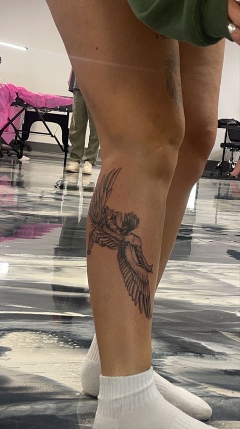 Calf Tattoos For Women, Icarus Tattoo, Greek Tattoos, Leg Tattoos Women, Knee Tattoo, Calf Tattoo, Subtle Tattoos, Angel Tattoo, Elegant Tattoos