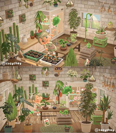 Acnh Green House Designs, Acnh House Wall Design Codes, Acnh Indoor Greenhouse, Acnh Green Room Ideas, Acnh Plant Room Ideas, Animal Crossing Greenhouse Room, Acnh Maximalist House, Acnh Side Room Ideas, Mid Century Modern Animal Crossing