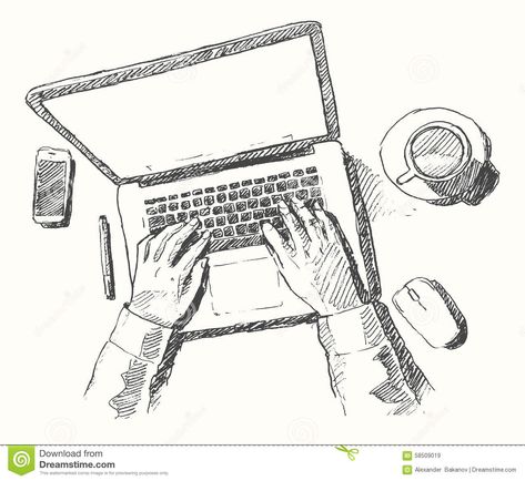 Sketch Hands Computer Man Office Top View Drawn Stock Vector - Image: 58509019 Sketch Of Hands, Office Top View, Sketch Hands, Computer Sketch, Laptop Drawing, Storyboard Drawing, New Nature Wallpaper, Computer Drawing, Computer Projects