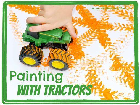 Painting with Tractors  www.TheSeasonedMom.com Farm Storytime, October Preschool, Harvest Activities, Harvest Ideas, Garden Critters, Summer Activities For Toddlers, Farm Lessons, Farm Animals Activities, Farm Theme Preschool