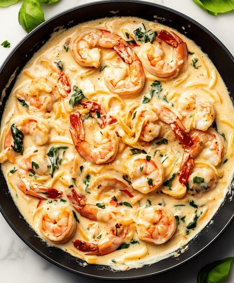 Creamy Tuscan Shrimp Linguine Recipe Creamy Tuscan Shrimp Pasta, Spinage Recipes, Creamy Tuscan Shrimp, Shrimp Linguine Recipe, Shrimp Spinach Pasta, Tuscan Shrimp, Shrimp Spinach, Seafood Linguine, Tuscan Pasta