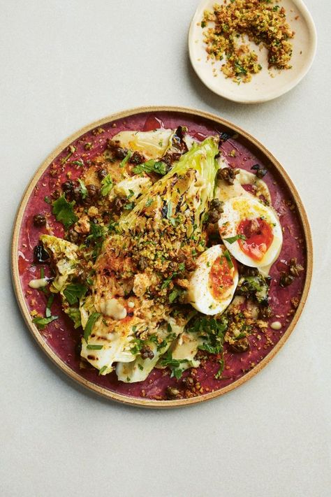 Charred Hispi Cabbage with Anchovy Sauce, Soft Eggs, Crispy Capers and Pangrattato | Guest Recipes | Nigella's Recipes | Nigella Lawson Hispi Cabbage, Crispy Capers, Guest Recipes, Soft Eggs, Anchovy Sauce, Nigella Lawson Recipes, Soft Egg, Brunch Dishes, Nigella Lawson