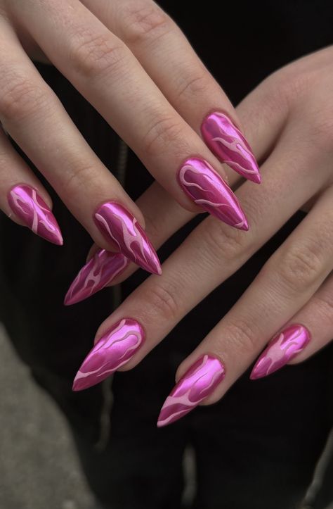 Pink Futuristic Nails, Hot Pink Chrome Nails Designs, Pink Edgy Nails, Matt Pink Nails, Pink Long Almond Nails, Pink Chrome Stiletto Nails, Pink Chrome Nails Designs, Black And Red Highlights, Hot Pink Almond Nails