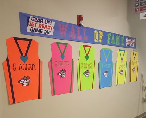 thinking something like this might be a fun classroom theme Sport Classroom Decorations, Basketball Theme Door Decorations, Classroom Decor Sports Theme, Sport Themed Classroom Ideas, Champion Vbs Decorations, Get In The Game School Theme, Sports Theme Day At School, Olympic Themed Back To School, Sports Themed School Hallway