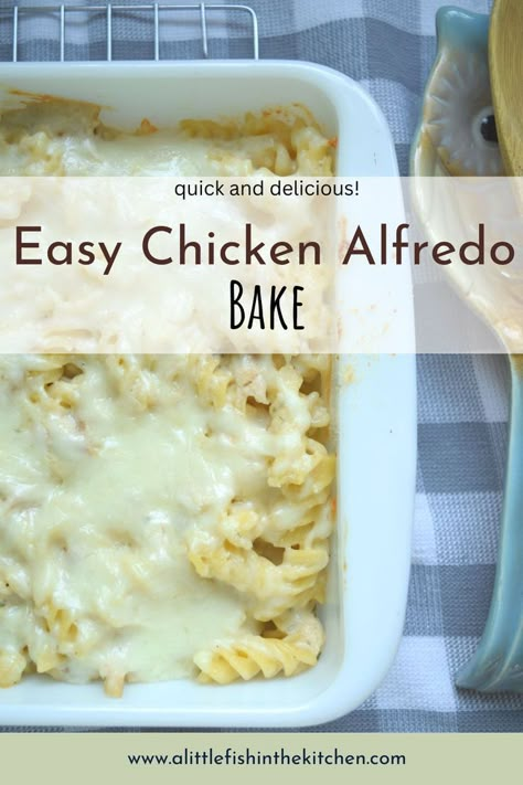 A white casserole dish sits atop a gray and white checkered towel. It's filled with Easy Chicken Alfredo Bake. Rotini pasta is covered with sauce and white melted cheese. Easy Alfredo Baked Pasta, Easy Chicken Alfredo With Rotisserie Chicken, Chicken Alfredo Easy Jar, Chicken Alfredo With Store Bought Sauce, Chicken Alfredo Using Jar Sauce, Chicken Alfredo Jar Recipe, Chicken Alfredo With Canned Chicken, Jar Chicken Alfredo Recipe, Easy Chicken Alfredo Recipe Jars