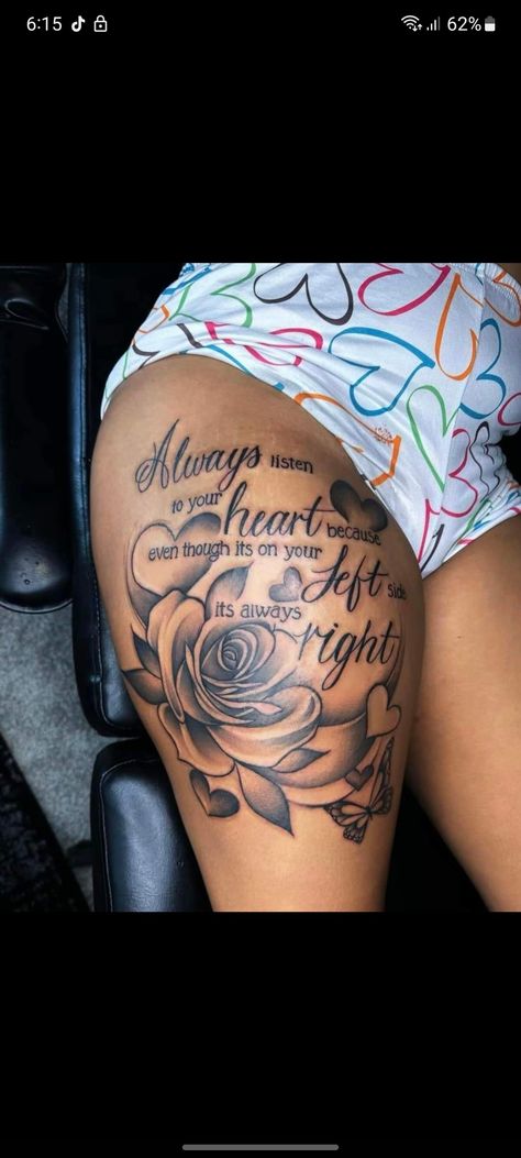 Thigh Flower Tattoo Black Women, Black Women Thigh Tattoos Ideas, Thigh Tattoos Ideas For Women, Thigh To Rib Tattoo, Baddie Leg Tattoos, Thigh Tattoos Black Women, Thigh Tattoos Women Black, Baddie Thigh Tattoos, Thigh Tattoo Ideas