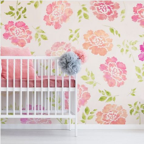 A Floral Watercolor Wallpaper Hack using Reusable Stencils - Stencil Stories Flower Wall Stencil, Floral Stencils, Floral Wall Stencil, Pink Flower Wall, Sunflower Stencil, Stencils For Walls, Flower Stencils, Large Wall Stencil, Stencil Wall Art