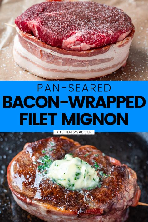 I consider bacon-wrapped filet mignon a fancy date-night-worthy meal with weeknight simplicity and ease. From prep to clean up, it’s about 25 minutes. This filet mignon recipe is tried and true and one of the easiest methods to yield a perfect steak every time. Make this recipe surf and turf with bacon-wrapped scallops! Filet Migon, Seared Filet Mignon, Perfect Filet Mignon, Pan Seared Filet Mignon, Bacon Wrapped Filet, Herb Butter Recipe, Filet Mignon Recipes, Mignon Steak