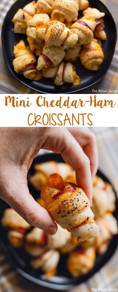 Mini Cheddar-Ham Croissants #ad #kaukauna100 Ham And Cheese Mini Croissant, Mini Crosaint Ideas, Mini Ham And Cheese Croissants, Mini Crossaints Sandwiches, Mini Crossaints, Croissants Ideas, Mini Croissant Sandwiches, Croissant Appetizers, Lake Foods