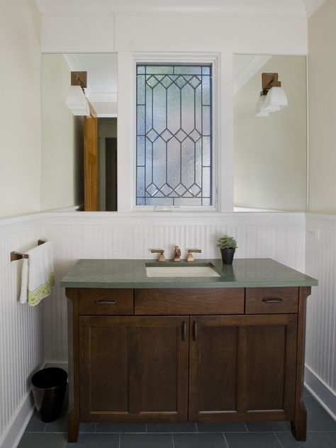 Spaces Mission Style Decorating Design, Pictures, Remodel, Decor and Ideas - page 25 Craftsman Powder Room, Craftsman Style Bathroom, Craftsman Style Bathrooms, Mission Style Decorating, Traditional Powder Room, Slate Countertop, Glass Landscape, Dark Wood Bathroom, Beadboard Bathroom