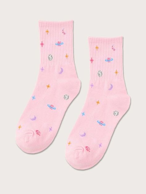 Planet Pattern Socks | SHEIN USA Pastel Socks, Space Socks, Aesthetic Socks, Women Crew Socks, Pink Socks, Pattern Socks, Cute Socks, Patterned Socks, Girls Socks