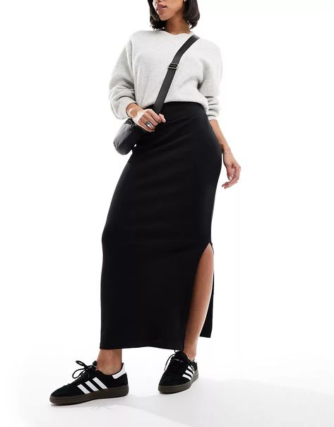 Pimkie column maxi skirt in black | ASOS Ribbed Maxi Skirt Outfit, Long Black Skirt Outfit, Maxi Skirt Outfit, Rok Outfit, Black Skirt Outfits, Long Skirt Outfits, Column Skirt, Maxi Skirt Outfits, 2024 Style