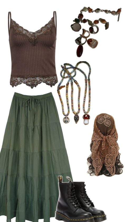 maxi skirt, doc material, lace cami, jewellery, rings, necklaces Hippie Skirt Outfit, Outfit With Doc Martens, Boho Summer Outfit, Type Outfit, Green Maxi Skirt, Moda Hippie, Estilo Hippy, Mori Fashion, Boho Summer Outfits