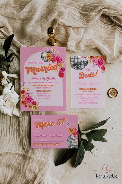 Colorful Disco Wedding, Groovy Wedding Ideas, Disco Invite, Retro Wedding Florals, Disco Invitations, Pink Disco Wedding Theme, Pink Wedding Aesthetic, Bright Disco Wedding, Disco Wedding Invitation