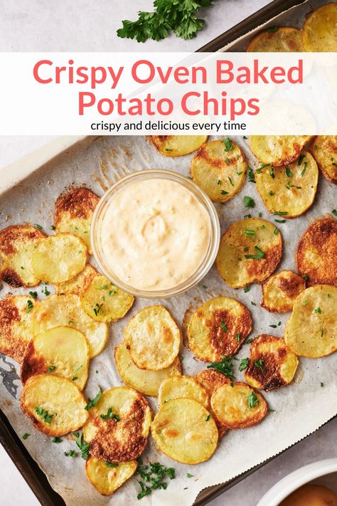 You won't believe that these crispy homemade potato chips were baked in the oven. They are healthy, delicious, and can be seasoned in so many ways. #sidedish #snack #kidfriendly #quickandeasy #bakedpotatochips Homemade Potato Chips Baked, Potatoe Chips Homemade Baked, Homemade Potato Chips In Oven, Baked Potato Chips In Oven, Potato Chips In Oven, Oven Potato Chips, Healthy Potato Chips, Oven Baked Potato Chips, Homemade Potato Chips Recipe