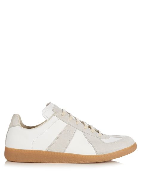 MAISON MARGIELA Replica low-top leather and suede trainers. #maisonmargiela #shoes #sneakers Margiela Replica Sneakers, Replica Sneakers, Maison Margiela Replica, Dirty White, Margiela Replica, Striped Flats, Mule Sneakers, Trainer Sneakers, Adidas Samba Sneakers