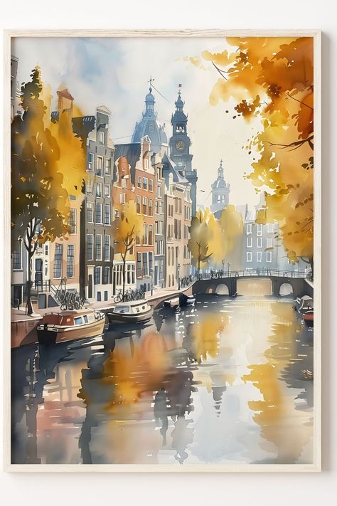 Watercolor painting of Amsterdam showcasing iconic canals and architecture Watercolor Amsterdam, Amsterdam Watercolor, Spain Watercolor, Architectural Watercolor, Netherlands Poster, Viking Cruise, Watercolor Travel, Watercolour Ideas, Watercolor Architecture