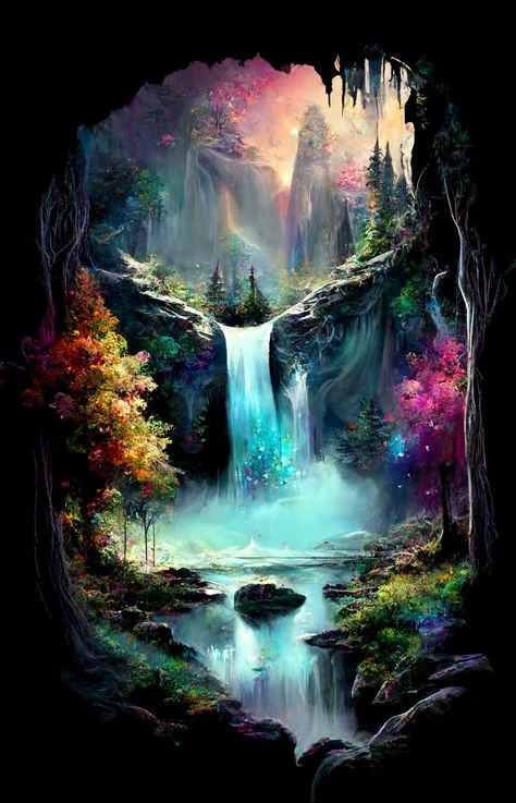 Mystic Waterfall, Fantasy Forest Tattoo, Enchanted Forest Fantasy Art, Fantasy Waterfall Forest, Enchanted Forest Waterfall, Mythical Land, Enchanted Forest Pictures, Mystical Art Drawings, Mystical Waterfall