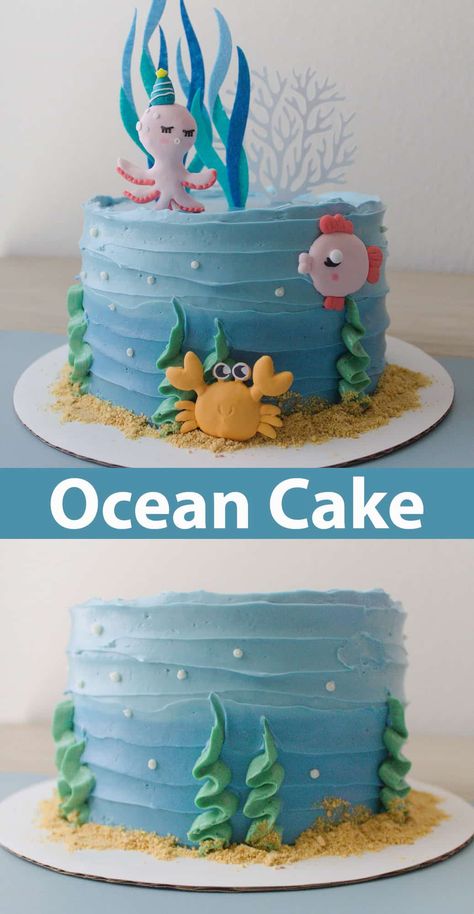 Ocean Cake - Childhood Magic Cake Ocean, Ocean Birthday Cakes, Ocean Cake, Fish Cake Birthday, Edible Sand, Ocean Theme Birthday, Ocean Birthday Party, Ocean Cakes, Sea Cakes