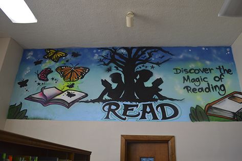 Library Bus, Library Murals, Berkeley Library, Library Mural, Attendance Register, Tolkien Artwork, School Library Decor, Painted Mural, Children Reading