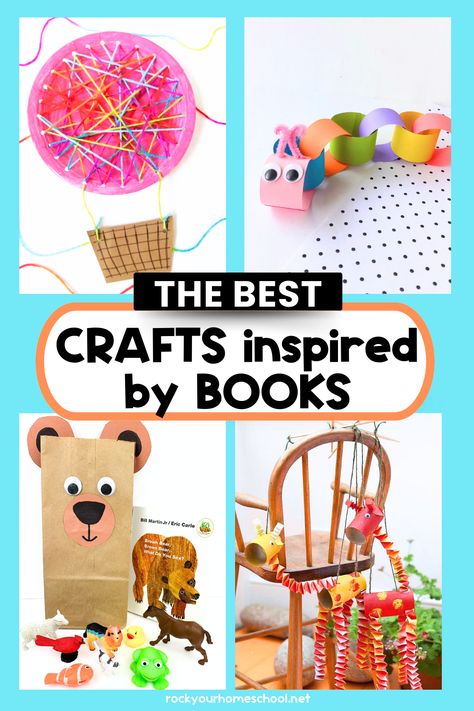 4 examples of crafts inspired by books for kids with hot air balloon, paper chain caterpillar, brown bear paper bag puppet, and giraffe marionettes. Book Inspired Crafts For Preschool, 1st Grade Book And Craft, Crafts Based On Books, Book Character Crafts, Kindergarten Art Projects With Books, Story Book Crafts, Preschool Book Crafts, Preschool Books With Crafts, Book Club Activities For Kids