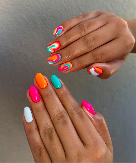 Bombpop Popsicle Nails, Mismatched Nail Designs, Orange Pink Nails Summer, Bright Fun Nails, Almond Nails Fall, Nail Inspo Fall, Fall Nail Inspo, Country Nails, Fall Gel Nails