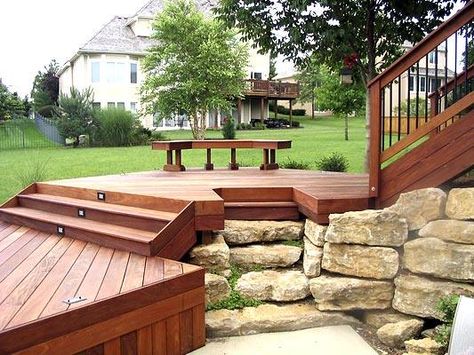 Multi-Level Decks and Patios | Multi-level Ipe deck with landscaping Small Decks, Ipe Deck, Deck Skirting, Tiered Deck, Multi Level Deck, Sloped Yard, Deck Steps, Hardwood Decking, Building A Porch