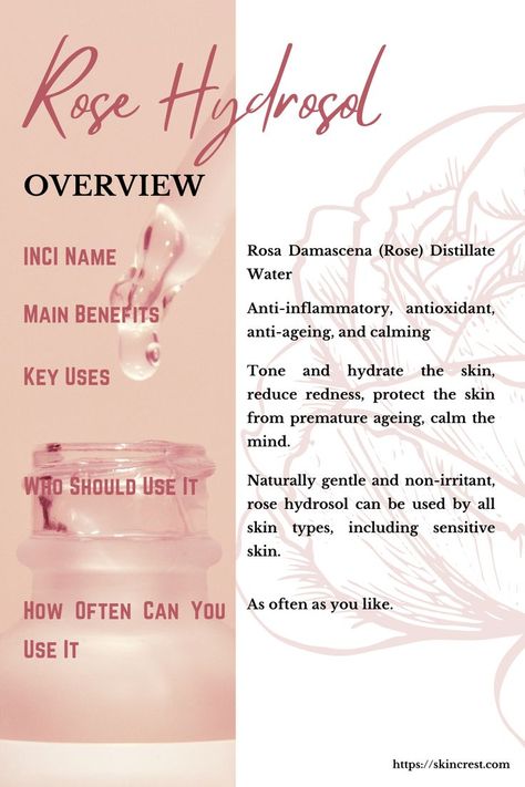 Known for its anti-inflammatory, antioxidant, anti-ageing and calming effect, rose hydrosol is often used in skincare products to balance skin tone, hydrate, reduce redness and protect the skin from premature ageing. Check out the post to learn about its main skin benefits, uses and where to find it. Rose Hydrosol, Skin Benefits, Homemade Beauty Products, Skincare Ingredients, Carrier Oils, Oils For Skin, Find It, Oily Skin, Skin Tone