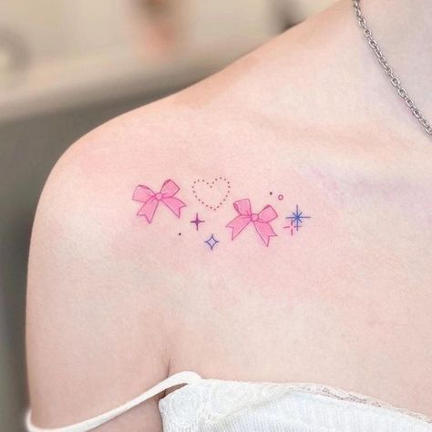 Pink Bow Tattoos, Pastel Tattoo, Kpop Tattoos, Heart Temporary Tattoos, Pink Tattoo, Kawaii Tattoo, Cute Little Tattoos, Cute Tiny Tattoos, Girly Tattoos