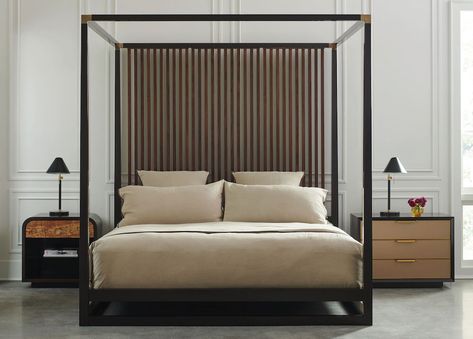 Canopy Bed Industrial Bedroom, Black And White Master Bed Modern, Master Bed Suite, Big Master Bed, Pinstripe Bedding, Queen Canopy Bed, Handcrafted Bed, Vertical Slats, Caracole Furniture