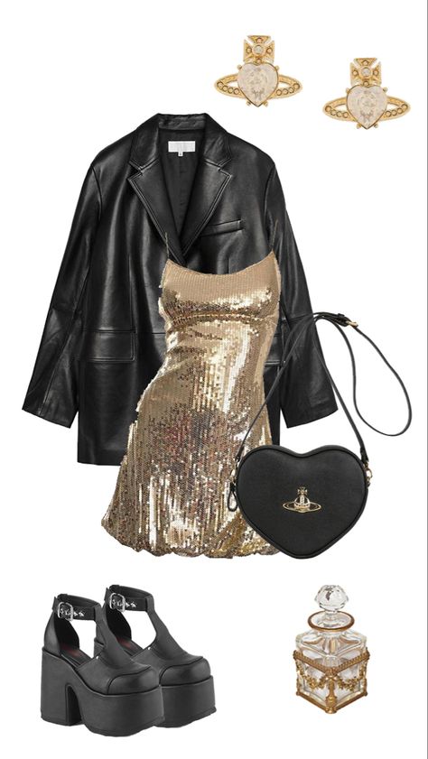 Leather And Gold Outfit, Emo Glam Outfits, Ysl Inspired Outfit, Glam Looks Outfit, Glam Rock Outfit For Women, Glam Rock Style Outfits, Gold Outfits For Women, Gold And Black Outfit, Black And Gold Outfits