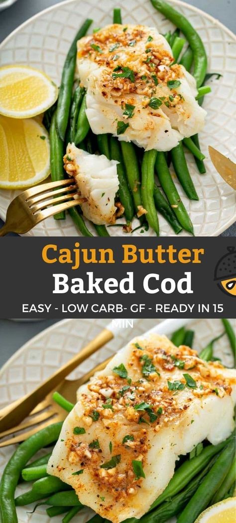 Cajun Cod Fish Recipes Baked, Cajun Cod Fish Recipes, Cajun Baked Cod, Roasted Cod Recipes, Cajun Cod Recipes, Baked Cod Recipes Oven Easy, Noom Dinners, Cod Recipes Oven, Cajun Cod