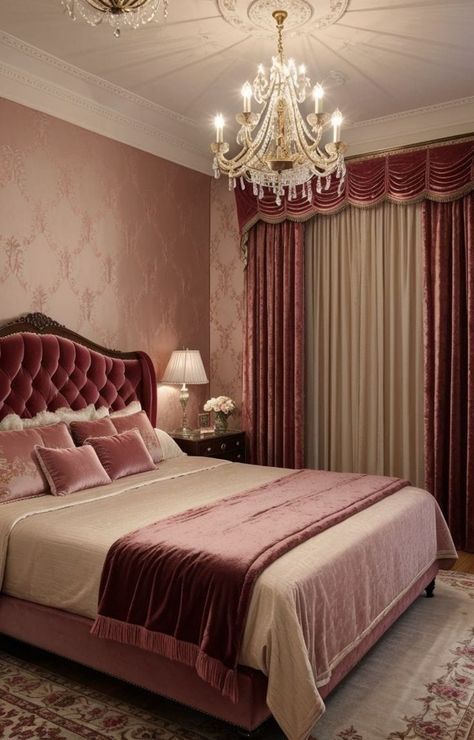 Bedroom designing ideas Pink Hollywood Aesthetic, Christmas Tree With Pink Ornaments, Tree With Pink Ornaments, Old Hollywood Bedroom, Pink Christmas Bedroom, Hollywood Bedroom, Pink Elements, Bed Sheet Painting Design, Stylish Master Bedrooms