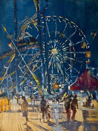 Los Angeles County Fair at night, Whirl, a painting by April Raber Fair At Night, Festival Drawing, Industrial Paintings, Carnival Art, Ferris Wheels, Urban Painting, Carnival Theme, Night Moves, Circus Art