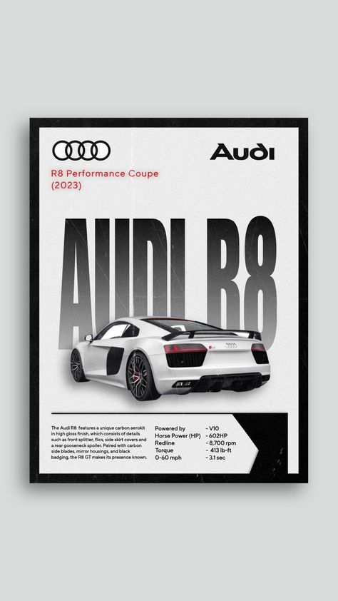 This is a small illustration and some information about the Audi R8 Audi R8 Poster, Vintage Car Room, Audi Aesthetic, Graphic Design Background Texture, Audi Poster, Auto Racing Art, Famous Ads, Dream Cars Audi, Automotive Logo Design