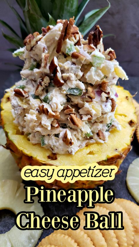 Looking for the perfect party appetizer? Try this Pineapple Cheese Ball! It's a delicious mix of cream cheese, crushed pineapple, and crunchy bell peppers, with chopped pecans. Easy to make and a total crowd-pleaser. Perfect for holidays, picnics, or any gathering. Pin this recipe now for a delightful, sweet and savory treat! #Appetizer #CheeseBall #PartyFood Pineapple Cream Cheese Spread Recipe, Pineapple Cheeseball Recipes, Pineapple Cheeseball, Pineapple Appetizers, Pineapple Cheese Ball, Cream Cheese Spread Recipes, Pineapple Cheese, Cheese Ball Recipes Easy, Cream Cheese Ball