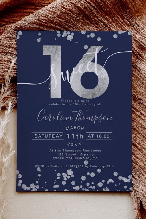 Chic silver foil confetti navy blue Sweet 16 photo Invitation
A modern, chic and elegant chic silver glitter sweet 16 birthday party invitation with a modern 16 typography with silver foil sparkles glitter on an editable navy blue background! #birthday #happybirthday #birthdaycards #birthdayparty #turningsixteen #16thbirthday #sweetsixteen Navy Blue And Silver Birthday Party, 16 Birthday Party Ideas Blue, Aesthetic Bday Invitation, Aesthetic Birthday Party Themes Blue, Sweet 16 Blue And Silver Theme, Navy Blue Birthday Theme, Sweet 16 Party Ideas Dark Blue, Sweet 16 Themes Ideas, Navy Sweet 16