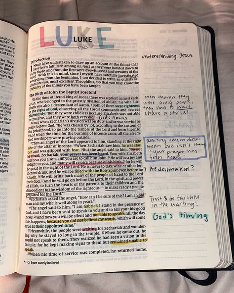 Luke chapter 1 Bible journaling: Theme: TRUST IN GOD’S TIMING! God’s plans >>> God’s timing >>> Trust in God and surrender control! #biblestudy #biblejournaling #BookofLuke #trustinGod #WaitingSeason #christianity #contentcreator Luke 1 Bible Notes, Luke Chapter 1 Bible Journaling, Luke Bible Study Notes, Luke 1 Bible Journaling, Order To Read The Bible, Luke Bible Journaling, Luke Bible Study, Luke Chapter 1, Journaling Pics