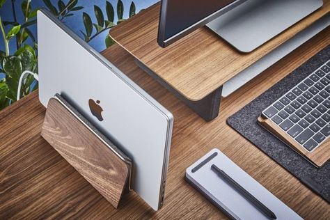 Vertical Laptop Stand, Dual Monitor Stand, Desk Tray, Newest Macbook Pro, Accessory Ideas, Hardwood Plywood, Desk Organization Office, Vertical Design, New Macbook