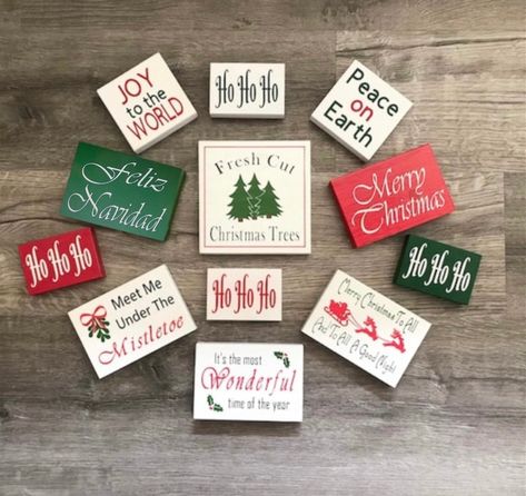 Mini Christmas Signs, Christmas Wood Signs Diy, Ho Ho Ho Sign, Christian Christmas Decorations, Meet Me Under The Mistletoe, Fresh Cut Christmas Trees, Christmas Tiered Tray, Christmas Wooden Signs, Christmas Blocks